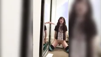 Asian crossdresser in college uniform toys and sucks before anal