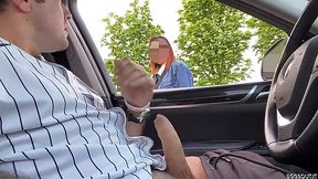 Milf gives a road-side handjob while I watch