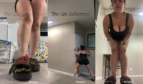 Latina knees deep in dirty laundry twerks with huge tits squished