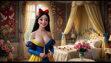 Snow White Spends Night In Enchanted Castle Bedroom With Her Dress Partially Open Late At Night (AI generated)
