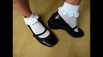 black leather Mary Janes and frilly socks - shoeplay by Isabelle-Sandrine