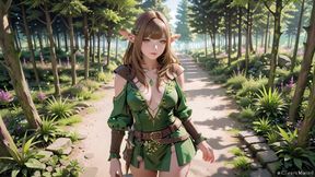 Green Elf in the Forest Secret! Kneeling Gaze Under Dappled Sunlight, a Dreamy Tease with Fingertips Touching Her Lips