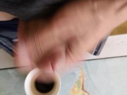 Hot guy jerking off to put some milk in his coffee