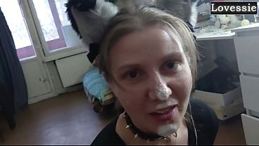 Sexy kitty eats from a bowl and licks her master'_s feet - Lovessie
