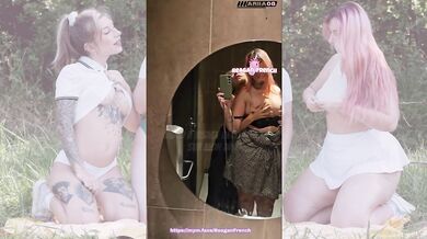 Lesbian exhibition in McDonald's toilet with big tits and tattoos