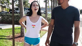 Petite brunette teen rides a huge dick outdoors