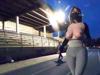 Hawt crossdresser flashed to an old stud at the track field