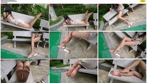 Art teacher Tongtong wears a sexy and charming tight dress and ultra-thin pantyhose to show her long legs and beautiful feet on the bench downstairs in her community