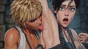 gorgeous sweaty armpit of dark haired animated bitch is licked in fetish obsession by muscled lesbian hottie
