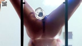 I fucked a transparent dildo on glass table