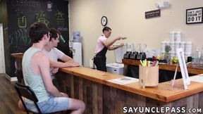 Amone Bane fucks regulars Jonah Wheeler and Dakota Lovell in his cafe