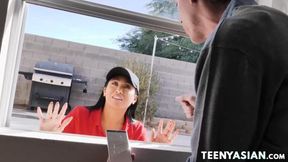Threesome Trap: Asian Teen Ember Snow Gets Facial Cumshot