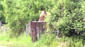 Big ass brunette enjoying in hard threesome outdoor fuck