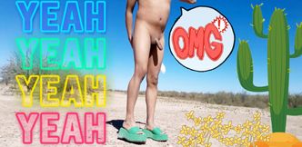Nude in public with green sandals and hot