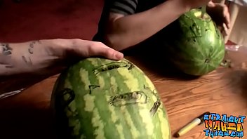 Straight inked guys fuck watermelons until cumming