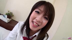 japanese girl in uniform with big bush and huge meaty pussy lips at uncensored pov creampie fuck