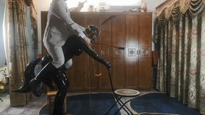 Ponyplay and donkey ride piggyback on latex ponygirl in horseshoe boots by horse harness, stirrups, and reins, Until she cried #Latex010