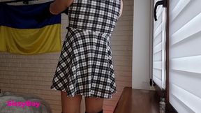 nylon cum. sissy in dress and pantyhose cums in chastity.