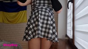 nylon cum. sissy in dress and pantyhose cums in chastity.