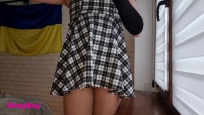 nylon cum. sissy in dress and pantyhose cums in chastity.