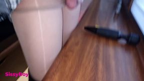 nylon cum. sissy in dress and pantyhose cums in chastity.
