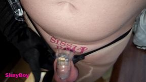 nylon cum. sissy in dress and pantyhose cums in chastity.