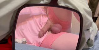 Crossdresser in pink stockings beating off with vibrating anal probe