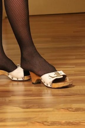 Retro Dangling in Patterned Nylons &amp; Classic Wooden Mules