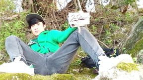 Risky Masturbation Outdoors a Man's Voice Caught This Cute Gay Twink with His Balls Hanging Out, Jerking off His Uncut Foreskin