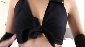 ”Asian buxom teen in stockings solo tease in bed”