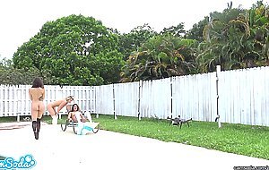 lesbian teen threesome play tug a war with a drone and their college pussy