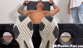 Inked hunk Tony Eagle bound and tickle tormented on feet