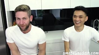 Raw asian twink gets drilled by hung bearded jock in amateur bareback session