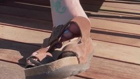 Feet in worn birks up close