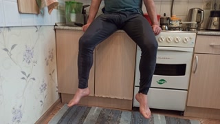 pissing in the kitchen and masturbate after long pee in leggings