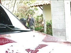 Ebony ghetto babe is washing her car when some thug shows up and bangs the crap out of her