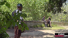 Disgraced shameless slut deepthroats in public 3some outdoor
