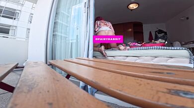 RISKY DOUBLE TOY BALCONY! Petite Redhead Anal & Pussy play