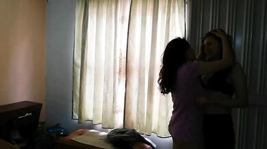 Horny latina threesome squirted while waiting for a package