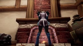 Demon trans person and pregnant elf intimate moment by fireplace