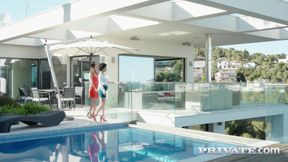 Sybil and Stacy Bloom play with each other out by the pool before threesome