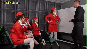 CFNM stewardesses in femdom group oral and wanking action