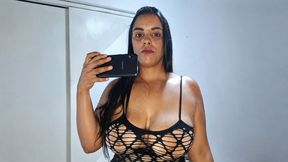 Big Tit Latina Stephanie Jumps Around and Poses in Front of a Mirror