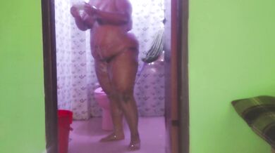 Public Shower in open door toilet! i wash my big boobs tight pussy and huge ass