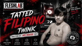 TATTED FILIPINO TWINK HAS FUN AT HIS HOUSE: Tatted Filipino Twink Jerks Off All Over