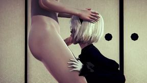 2B sucks cock juicy and rides it vigorously in a cowgirl position