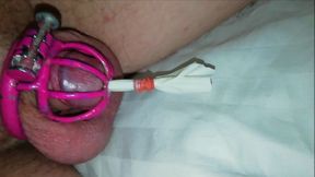 Sissy cbt. Q-tip inserted in peehole and lock in tiny chastity