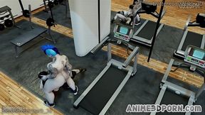 Two shemales bang brunette in a gym threesome
