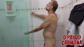 Mature guy taking a bath with a tough dick