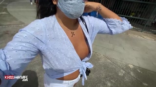 Showing off on the street in a baggy blouse, leaving my big delicious breasts on display